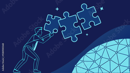Conceptual Illustration of a Person Placing Jigsaw Puzzle Pieces on a Graph for Problem Solving