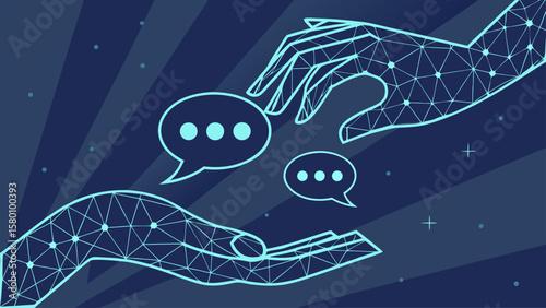 Digital Connection Hands Sharing Thoughts with Communication Bubbles in a Network