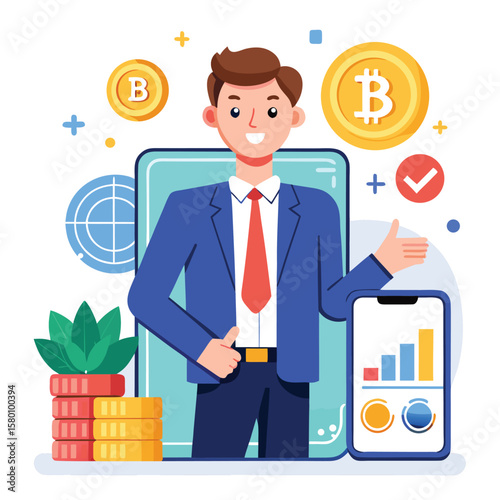 Optimistic businessman representing bitcoin and mobile trading with financial data analysis in a flat vector illustration.