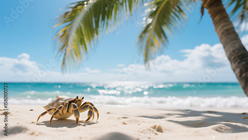 Fototapeta Naklejka Na Ścianę i Meble -  Tropical beach scene with hermit crab crawling on soft white sand, clear blue sky, palm trees, turquoise sea, vivid summer colors, peaceful nature, realistic photography, 4k image, calm holiday mood