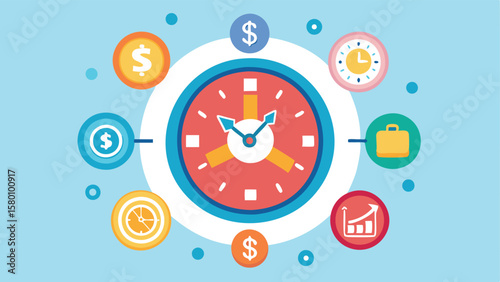 Clock surrounded by icons representing money, time, a briefcase and a rising graph display