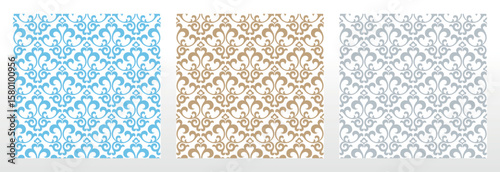 Wallpapers in the style of Baroque.. Set of colored floral ornaments. Seamless vector backgrounds Graphic patterns for fabric, wallpaper, packaging. Ornate Damask flower illustration