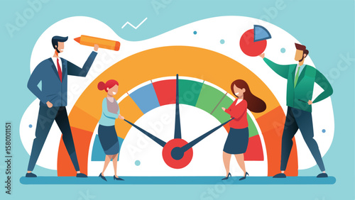 Business team interacting with a large gauge indicating performance and success metrics and goals set