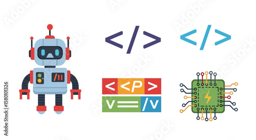 Cute Cartoon Robot with Antennae, Red Accents, and Digital Display