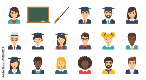 Diverse Flattened Avatar Icons of Students and Educators