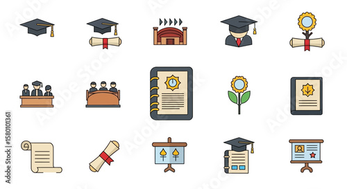 Colorful Vector Illustrations of Education and Graduation Icons, Symbols