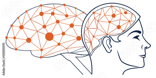 Human head profile with brain connected by network of orange dots and lines illustration art