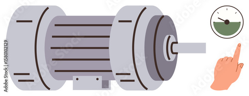 Simplified electric motor with cylindrical design, a performance efficiency gauge, and a finger adjusting the dial. Ideal for technology, engineering, industry, power, manufacturing, energy