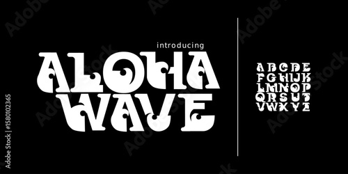 Font Aloha Wave. Hawaiian freaky tiki font with a lot of ligatures and multilingual characters. Elegant Hand Drawn . Rough texture. Creative Groovy text Uppercase. Symbol surfing beach