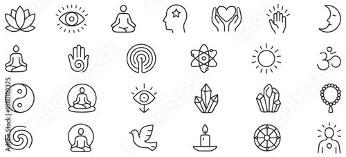 Spiritual & Inner Growth Line Icons Pack – Minimalist Vector Set Featuring Meditation, Mindfulness, Chakra, Energy, and Sacred Symbols for Wellness, Yoga, and Holistic Design Projects