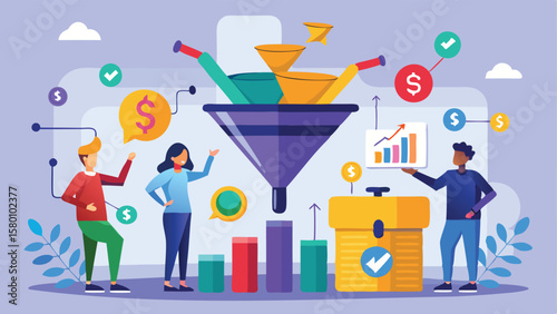 Illustration of a sales funnel with people and graphs showing financial growth and conversion rate