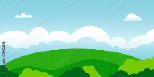 Cute summer landscape in pixel art style. Green flat scenery with cloud sky, meadow and flowers.