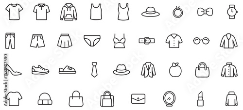 Clothing & Fashion Line Icons – Unique Apparel, Footwear, Accessories, and Style Symbols for E-Commerce, Fashion Apps, Look books, and UI Design Projects
