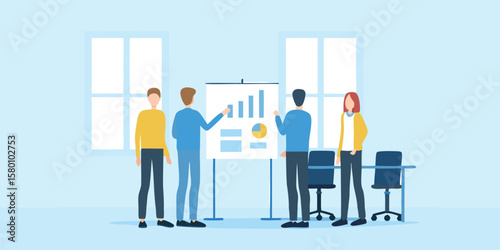 Group of people attending a business presentation with charts in a bright office setting showing windows