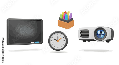 3D Render of a Dark Gray Chalkboard with Chalk and Eraser, a Clock, and a White Projector