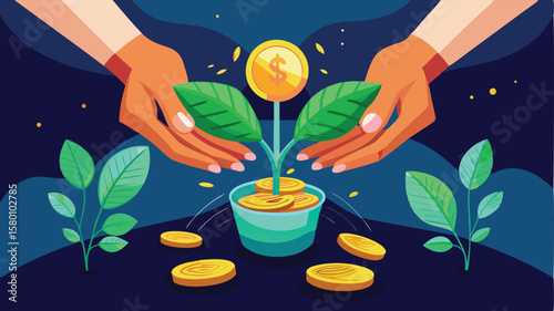 Illustration of hands nurturing a plant growing from coins with a dollar sign coin on top
