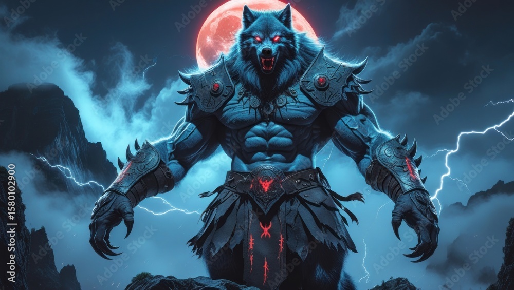 Fototapeta premium Powerful fantasy creature with glowing eyes and armor.