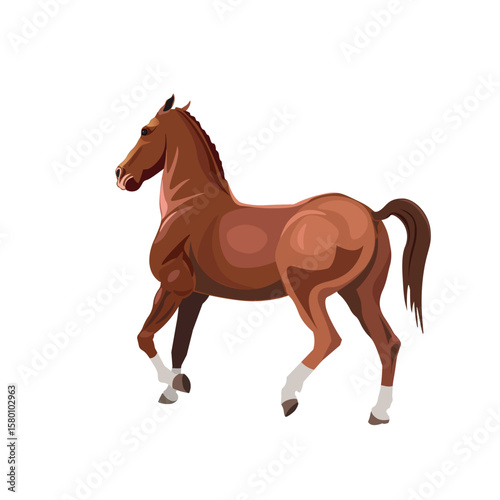Vector illustration of a brown horse in motion. Elegant strong animal with white leg markings, isolated on white background. Suitable for equestrian themes, farms, ranch, or nature design.