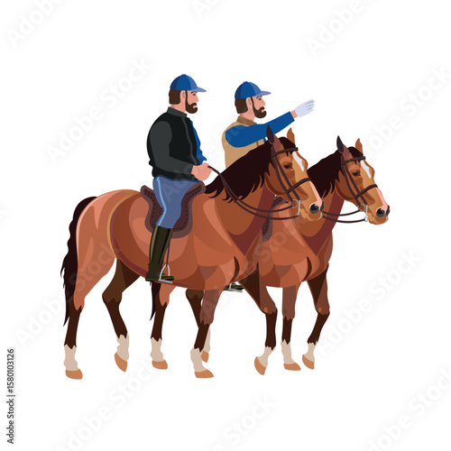 Two horsemen on bay horses