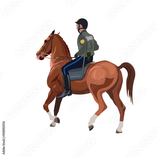 Mounted police officer riding a brown horse. Vector illustration isolated on white background, side view, detailed and realistic. Ideal for law enforcement, patrol, public safety, and equestrian theme