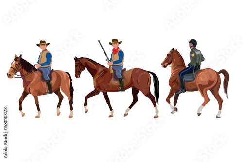 Three riders on horseback, two cowboys in western outfits and one police officer in a uniform. The scene captures dynamic horse movement and reflects a mix of rural patrol and Wild West imagery.