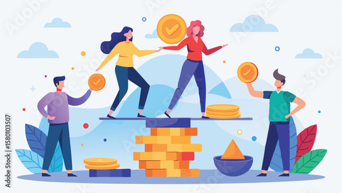 Two women balancing on a stack of gold coins while two men hold coins in a colorful illustration