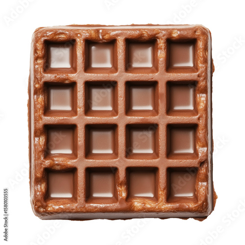 Tasty golden waffle drenched in glossy melted chocolate syrup, isolated on white transparent background, dessert concept