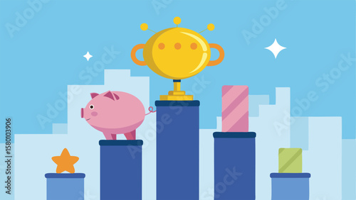 Illustration of a piggy bank climbing steps towards a golden trophy on a cityscape background