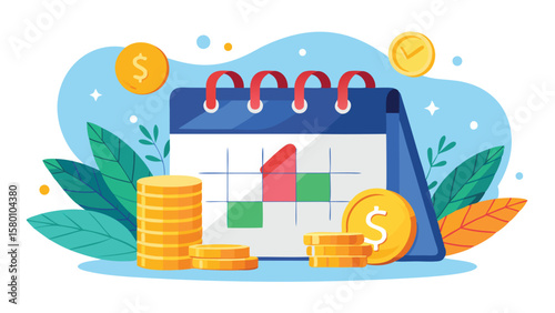 Illustration of a calendar with a chart and gold coins indicating financial planning and growth over time