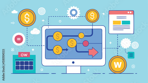 Illustration of a computer screen showing a flow of money with coins and various other elements around it