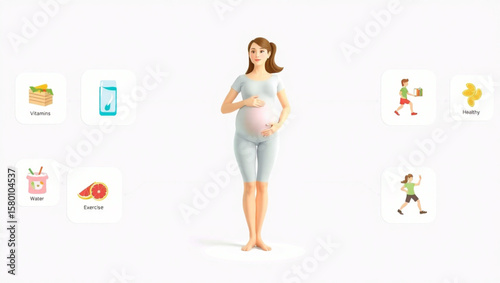 Pregnant woman surrounded by healthy lifestyle icons, promoting prenatal care and wellness.