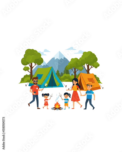Joyful Family Vacation with Camping Tent Background