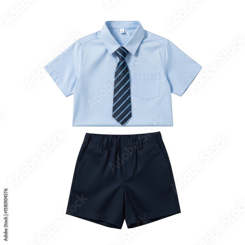 A neatly arranged school uniform consisting of a blue shirt, striped tie, and navy shorts isolated on transparent background