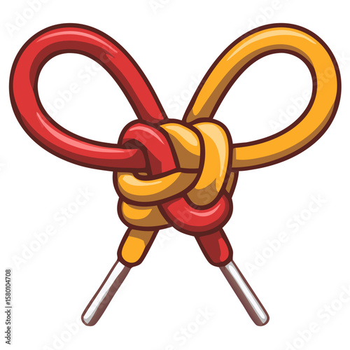 Cartoon knot of shoelaces, red and yellow, representing tied laces and a knotty problem.