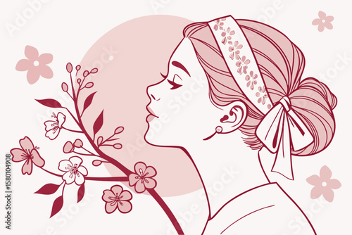 Elegant side profile of a young woman with floral hairband and blossoms
