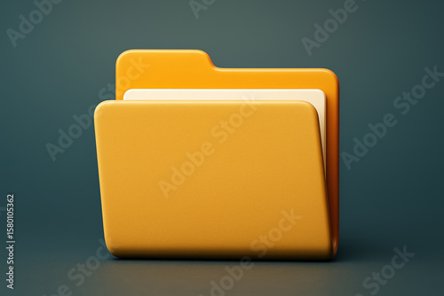 3D Render of an Open Orange File Folder with White Paper on a Dark Teal Background Surface