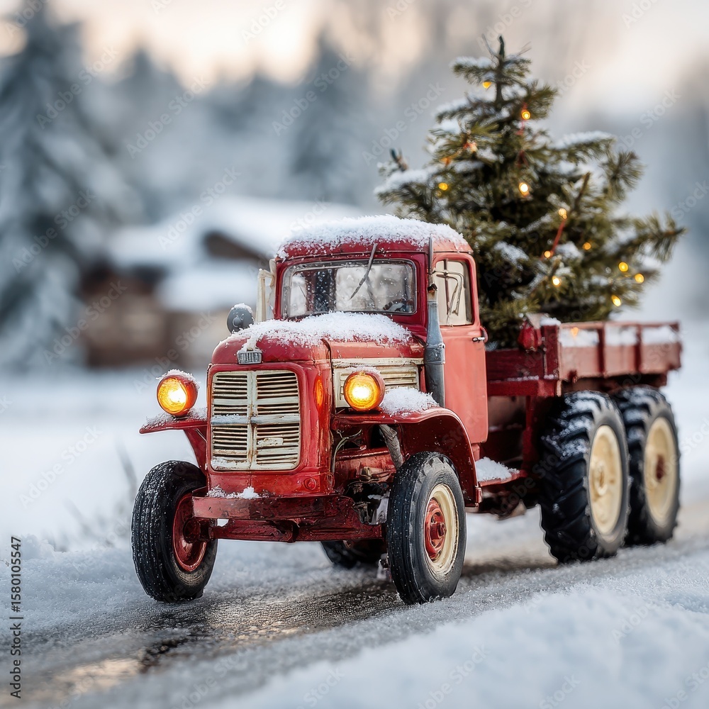 Christmas Tree Truck - Red Tractor on the Road in the Farm Christmas Tree Truck - Red Tractor on the Road in the Farm