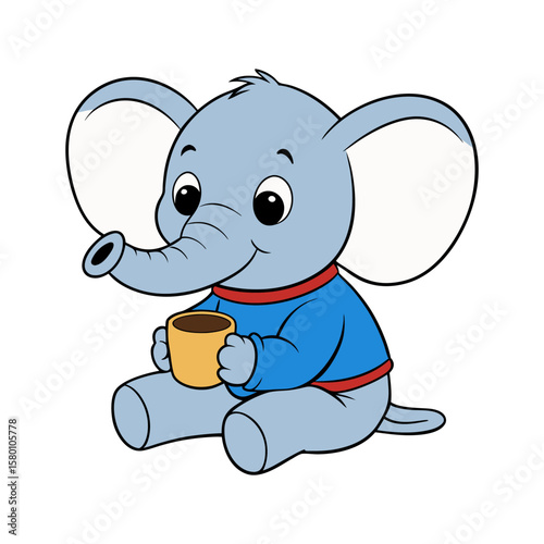 Cute cartoon baby elephant holding a cup. Adorable sitting animal character mascot. Vector illustration isolated on white for kids' design.