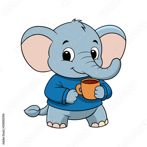 Cute cartoon baby elephant holding a cup. Adorable sitting animal character mascot. Vector illustration isolated on white for kids' design.