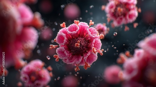 Microscopic 3D virus cell with floral-like pink spike structure and detailed texture in dark background representing mutation and evolution