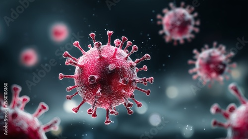Close-up 3D illustration of red virus cell with surface spikes floating in dark background, symbolizing infection, illness and transmission