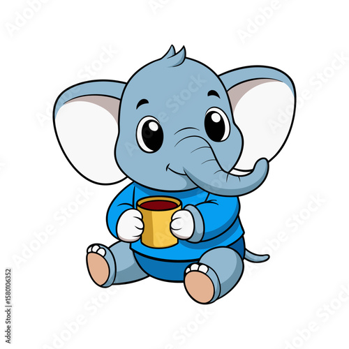 Cute cartoon baby elephant holding a cup. Adorable sitting animal character mascot. Vector illustration isolated on white for kids' design.