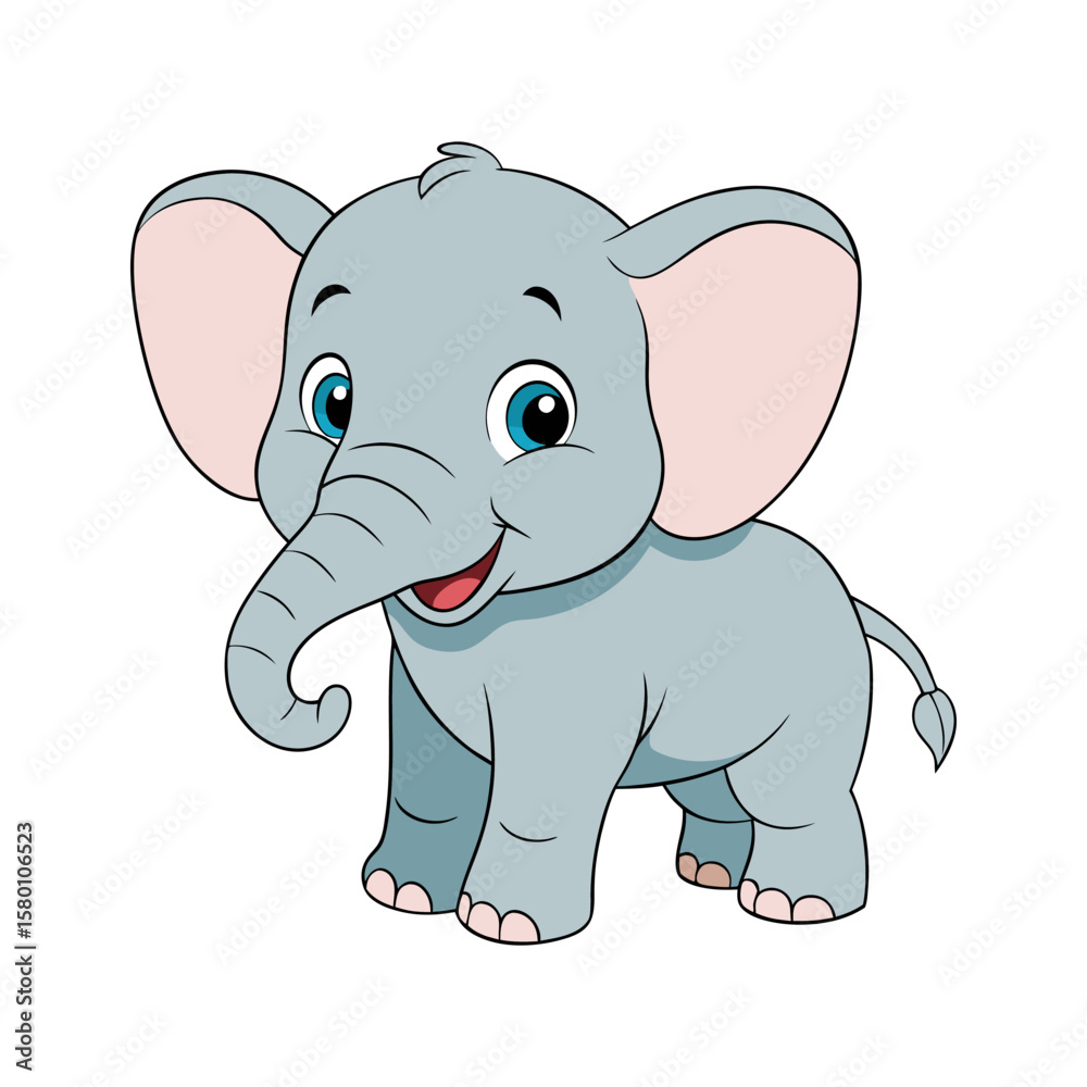 Obraz premium Cute cartoon baby elephant. Adorable smiling animal character illustration for kids. Vector graphic isolated on white background.