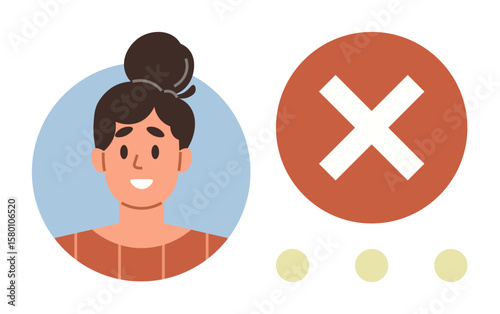 A smiling avatar with a red cross in a circle representing rejection, error, or invalid status. Ideal for feedback, identification, warning, denial, system error, approval process simple flat