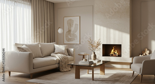 Elegant Neutral Living Room with Fireplace, Artwork, and Cozy Textiles for Relaxation