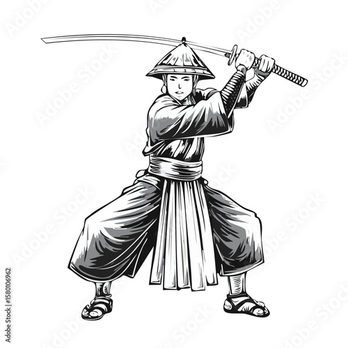 Samurai with katana in battle stance