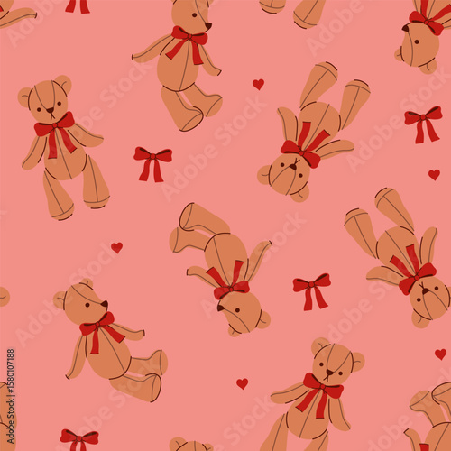 Seamless pattern with teddy bears with bows on their necks. Vector graphics.