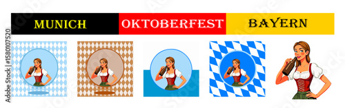 From the series "oktoberfest", girl with dirndl   hold bottle of beer with different variants of bavarian patterns and backgrounds