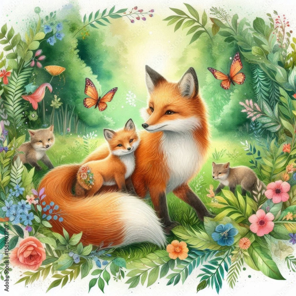 Fototapeta premium A Heartwarming Scene of Foxes Amidst Lush Flora and Colorful Butterflies Together