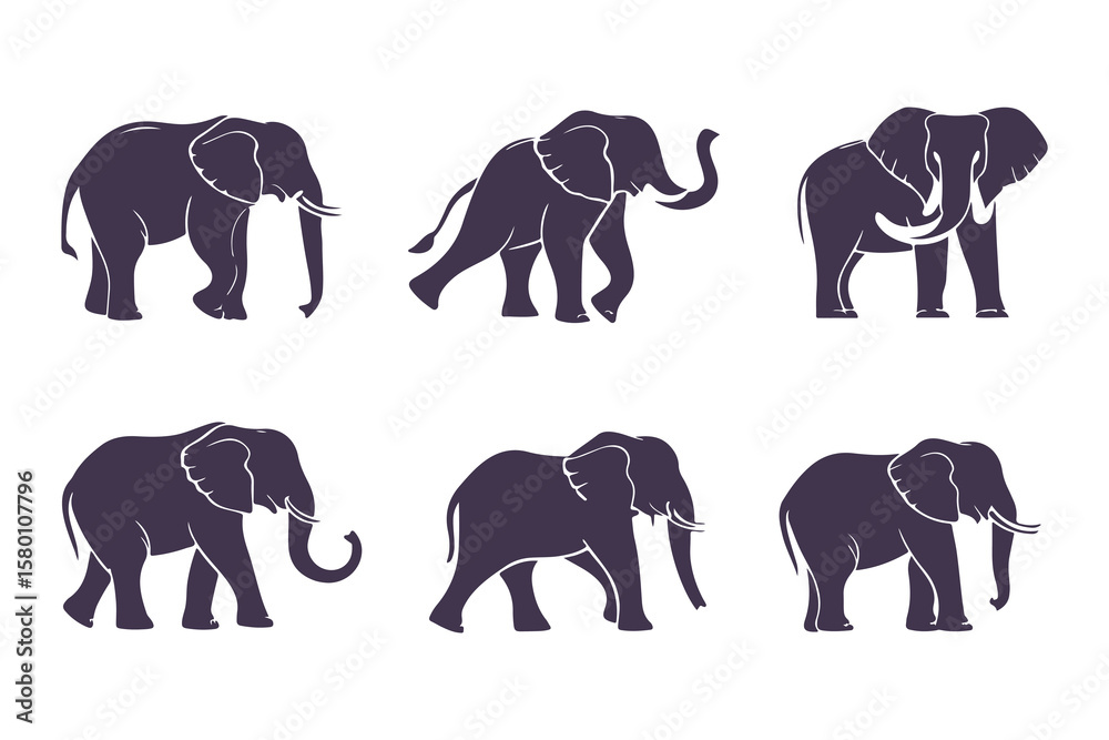 Naklejka premium Set of Elephant Silhouettes Vector Illustration. Collection of Walking Safari Animals. Wildlife Mammal Icons Isolated on White Background.